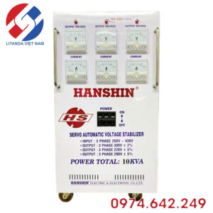 Ổn áp Hanshin 10KVA 3 pha dải điện áp 260V–430V là giải pháp ổn định nguồn điện hiệu quả cho hệ thống điện công nghiệp.