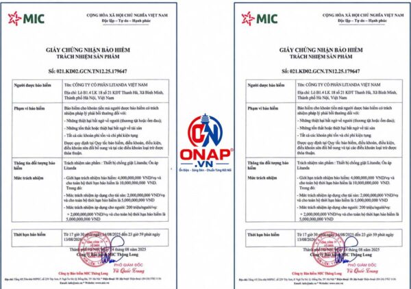 Giấy chứng nhận bảo hiểm trách nhiệm của Litanda