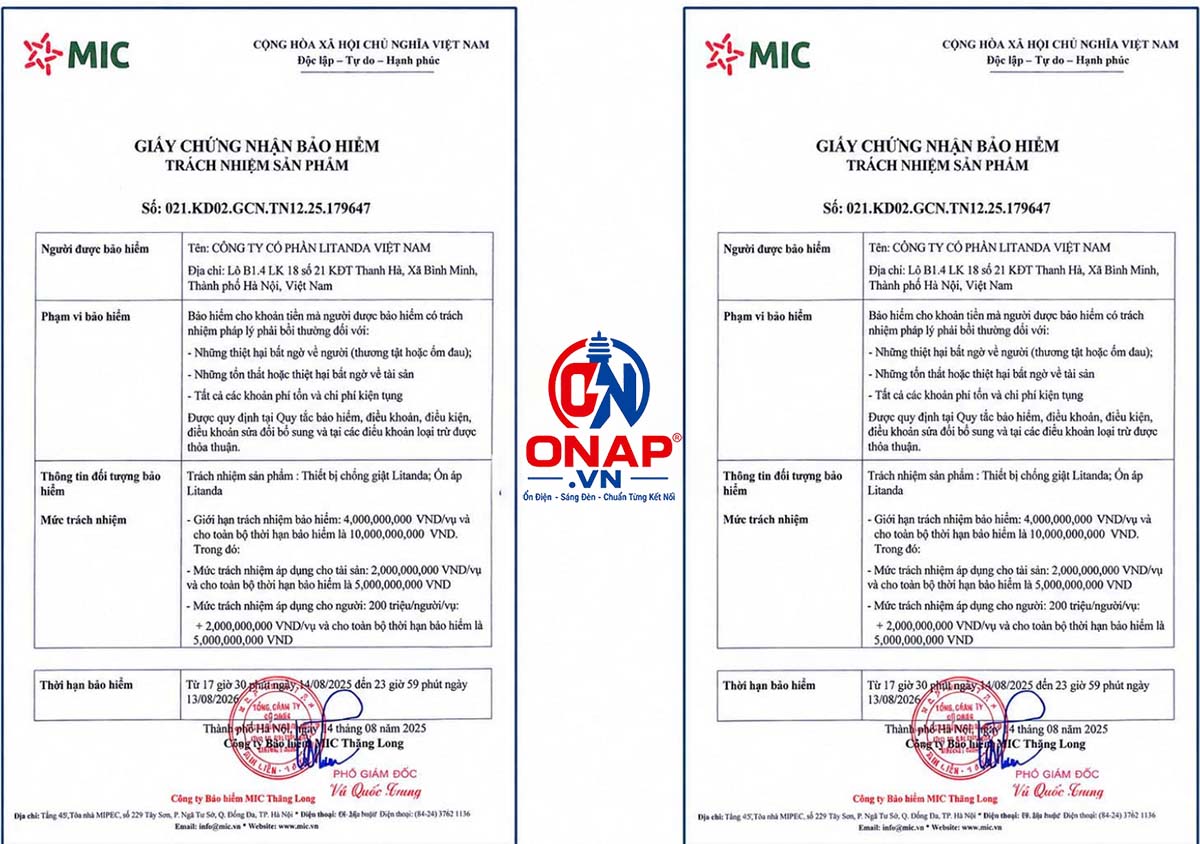 Giấy chứng nhận bảo hiểm trách nhiệm của Litanda