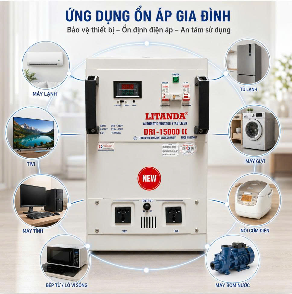 Ổn áp 15KVA cho gia đình phù hợp với những hộ sử dụng hai điều hòa cùng nhiều thiết bị điện