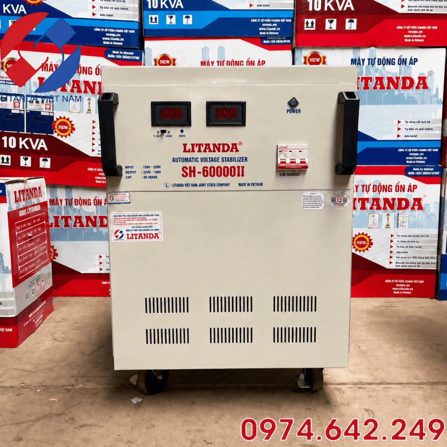 Ổn áp Litanda 60KVA 1 pha dải 150V chuyên dùng cho khu vực có lưới điện tương đối ổn định, giúp bảo vệ an toàn nguồn điện công suất lớn.