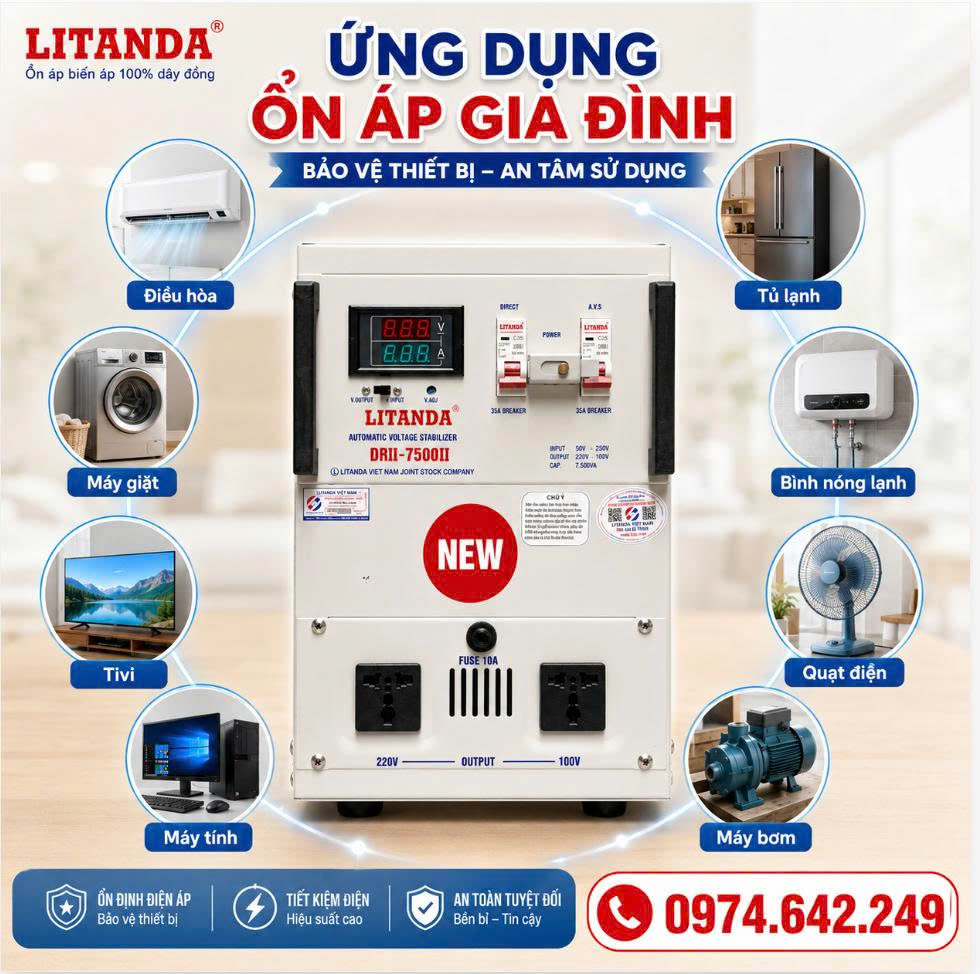 Ổn áp 7.5KVA cho gia đình phù hợp với hộ có mức sử dụng điện trung bình, tổng công suất thiết bị hoạt động đồng thời khoảng 4.500W–6.000W