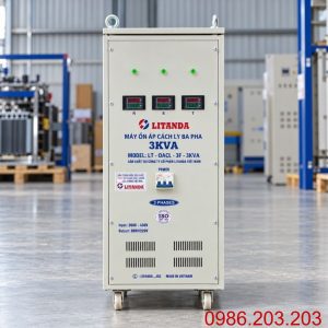 Ổn Áp Cách Ly 3KVA 3 Pha 260V-430V chuyên dùng ổn định điện áp, lọc nhiễu, chống giật và bảo vệ tối đa cho thiết bị điện công nghiệp nhạy cảm.