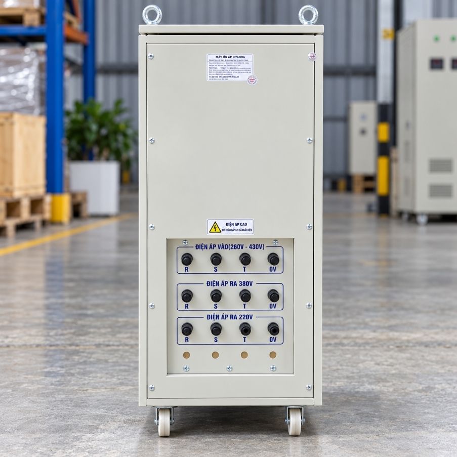 Ổn Áp Cách Ly 3KVA 3 Pha 260V-430V chuyên dùng ổn định điện áp, lọc nhiễu, chống giật và bảo vệ tối đa cho thiết bị điện công nghiệp nhạy cảm.