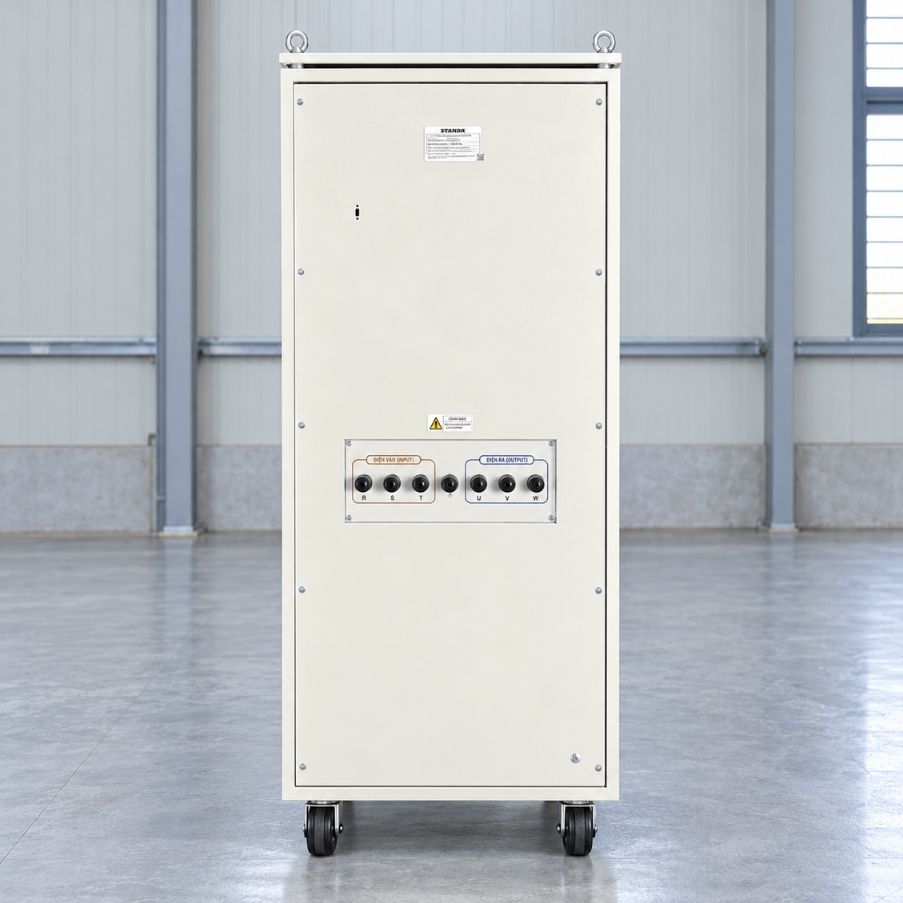 Ổn áp Standa 3 pha 75KVA DR3-75KII giúp cân bằng nguồn 380V, bảo vệ thiết bị điện công nghiệp, chống sốc áp, quá tải và nâng cao tuổi thọ máy móc vận hành.