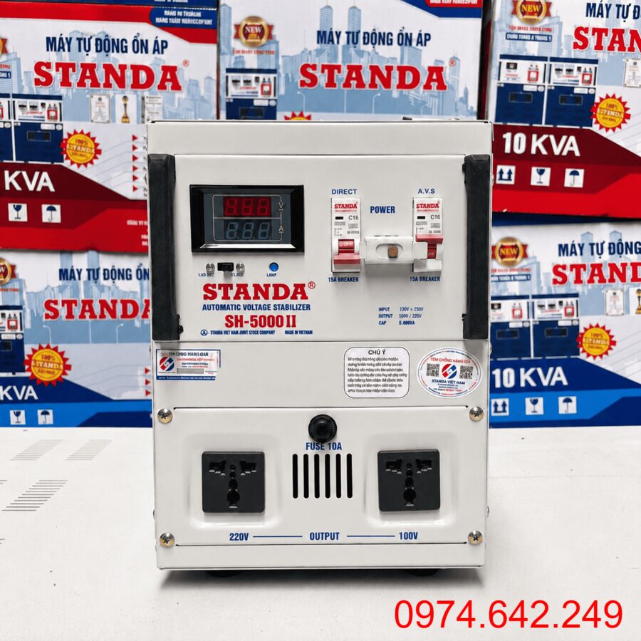 Ổn áp Standa 5KVA 1 pha là thiết bị có công suất định mức 5.000VA, 5KW, được sản xuất bởi Công ty Cổ phần Standa Việt Nam. Sản phẩm chuyên dùng để ổn định nguồn điện 220V
