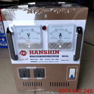 Ổn áp Hanshin 1 pha 5KVA dải 140V dùng cho khu vực điện tương đối ổn định, giúp ổn định điện áp và bảo vệ an toàn cho các thiết bị điện trong gia đình.