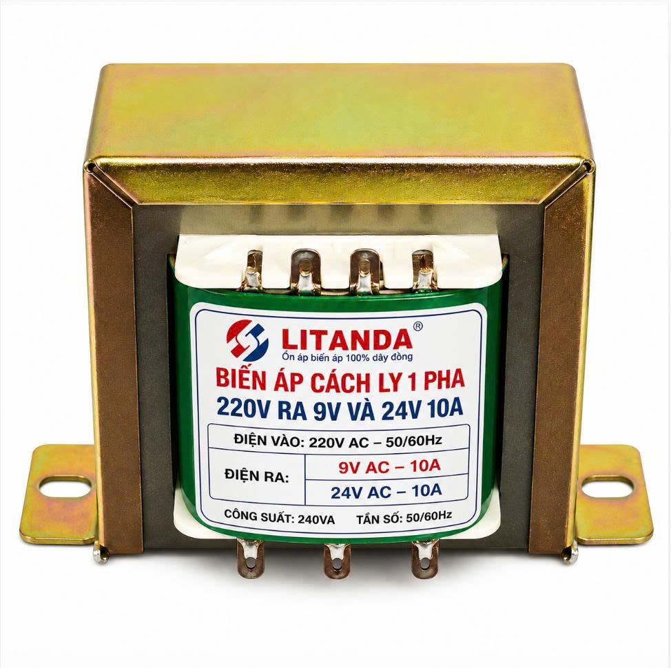 Biến áp cách ly 1 pha 220V ra 9V và 24V 10A Dạng Vuông EI