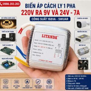 Biến áp cách ly 1 pha 220V ra 0V-9V và 0V-24V 7A