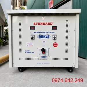 Biến áp Standard 3 pha 500KVA: Dòng máy biến áp hạ thế công suất lớn làm từ 100% dây đồng nguyên chất, chuyên dùng đổi nguồn điện từ 380V sang 220V/200V 3 pha,