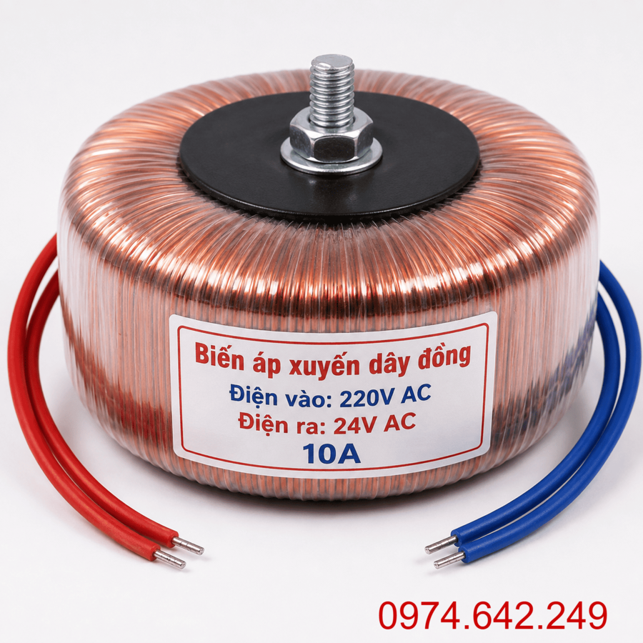 Biến áp xuyến 10A vào 220V ra 24V dùng đổi nguồn điện, cung cấp nguồn điện 24V an toàn cho các thiết bị điện tử, mạch điều khiển và hệ thống tự động hóa.