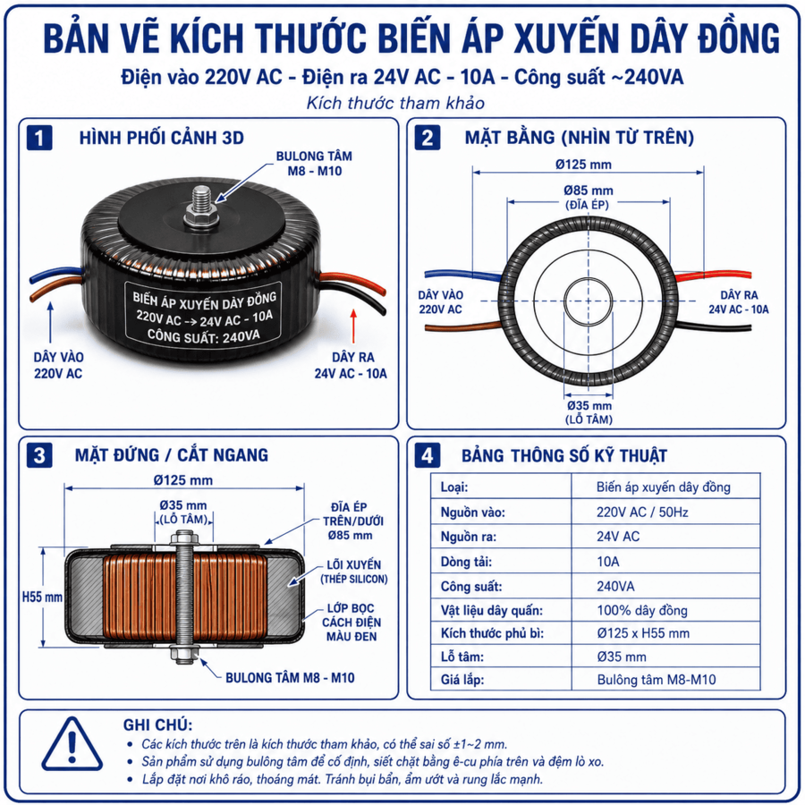 Biến áp xuyến 10A vào 220V ra 24V dùng đổi nguồn điện, cung cấp nguồn điện 24V an toàn cho các thiết bị điện tử, mạch điều khiển và hệ thống tự động hóa.