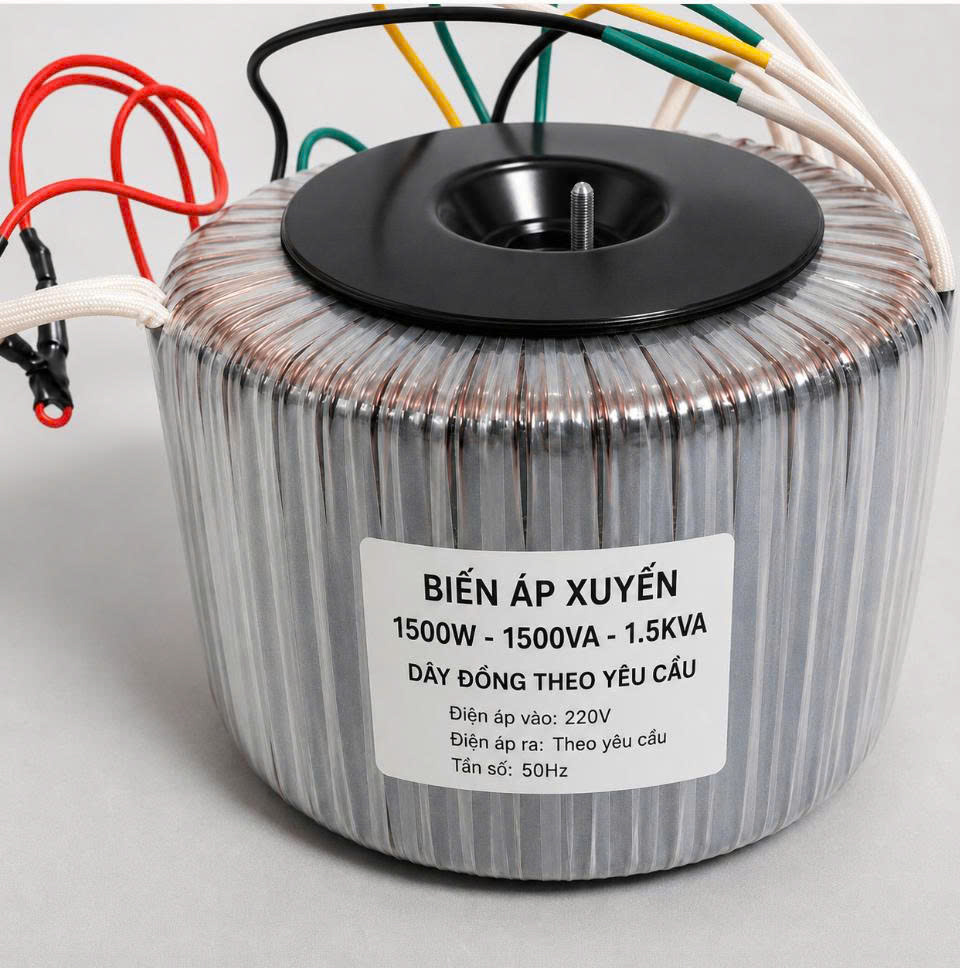 Biến áp xuyến 1500W, còn được tìm kiếm với tên biến áp xuyến 1500VA hoặc biến áp xuyến 1.5KVA,