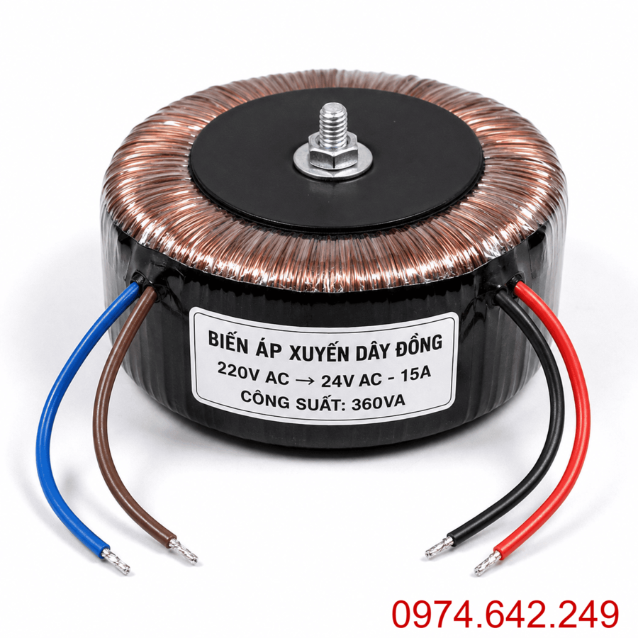 Biến áp xuyến 15A vào 220V ra 24V dùng đổi nguồn điện, cung cấp nguồn điện 24V cho các thiết bị điện tử, mạch điều khiển và hệ thống tự động hóa