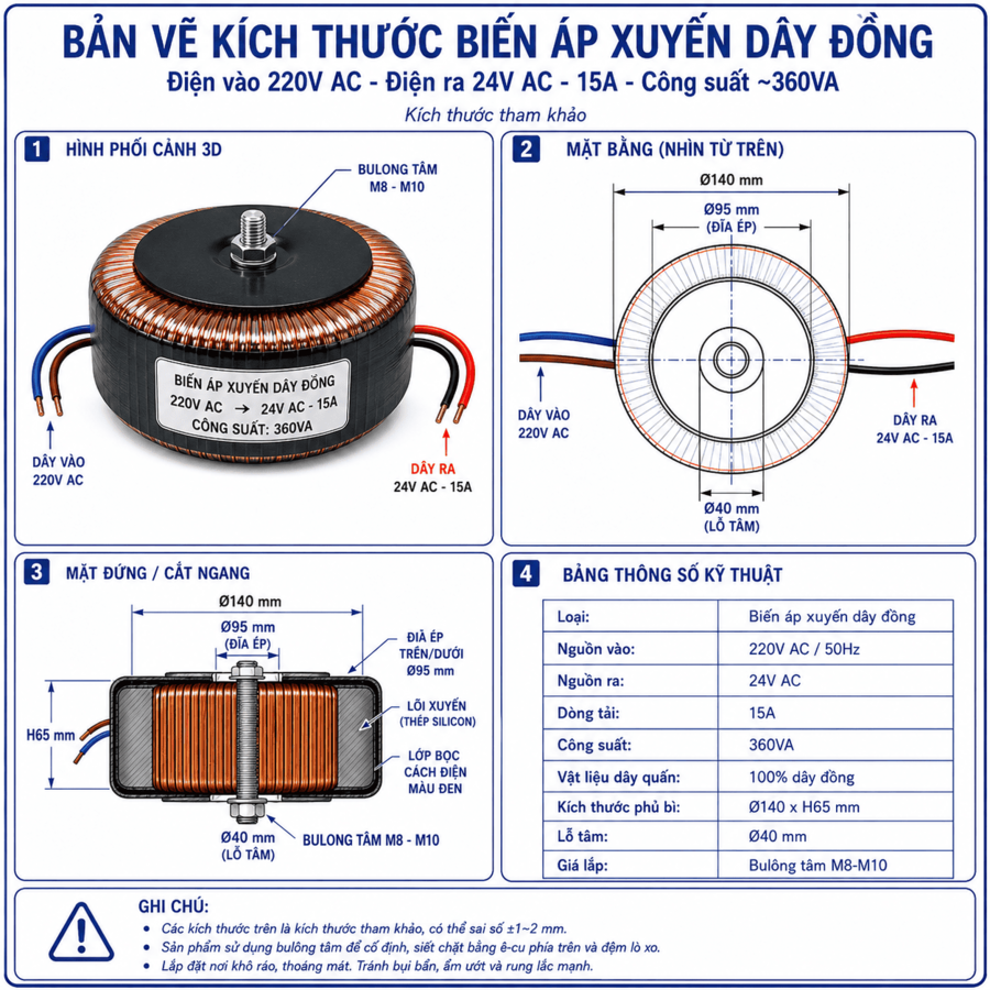 Biến áp xuyến 15A vào 220V ra 24V dùng đổi nguồn điện, cung cấp nguồn điện 24V cho các thiết bị điện tử, mạch điều khiển và hệ thống tự động hóa
