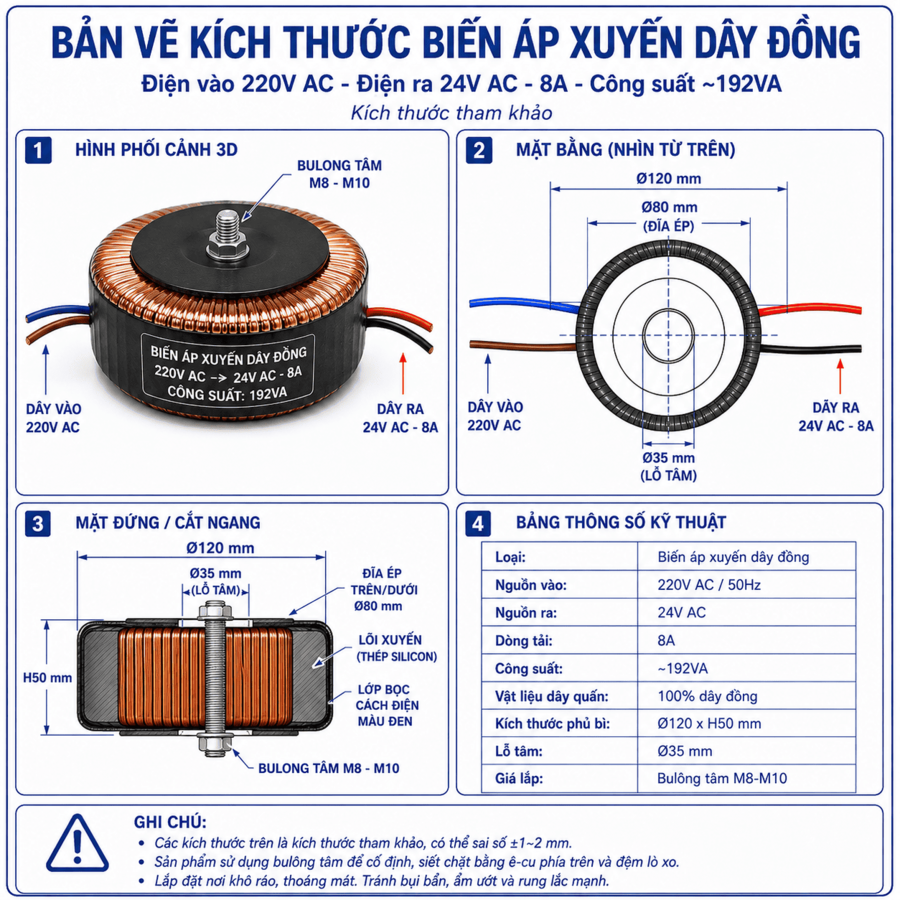 Biến áp xuyến 8A vào 220V ra 24V dùng đổi nguồn điện, cung cấp nguồn điện 24V an toàn cho các thiết bị điện tử, mạch điều khiển và hệ thống tự động hóa.