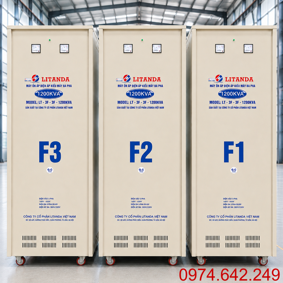 Ổn áp 1200KVA 3 pha thuộc nhóm thiết bị ổn định điện áp công suất rất lớn, phù hợp với nhà máy