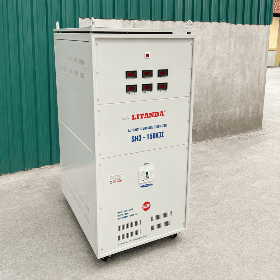 Ổn Áp 150KVA 3 Pha Dải 260V chuyên dùng cho lưới điện yếu, giúp ổn định nguồn điện liên tục và bảo vệ an toàn cho thiết bị công suất cao.