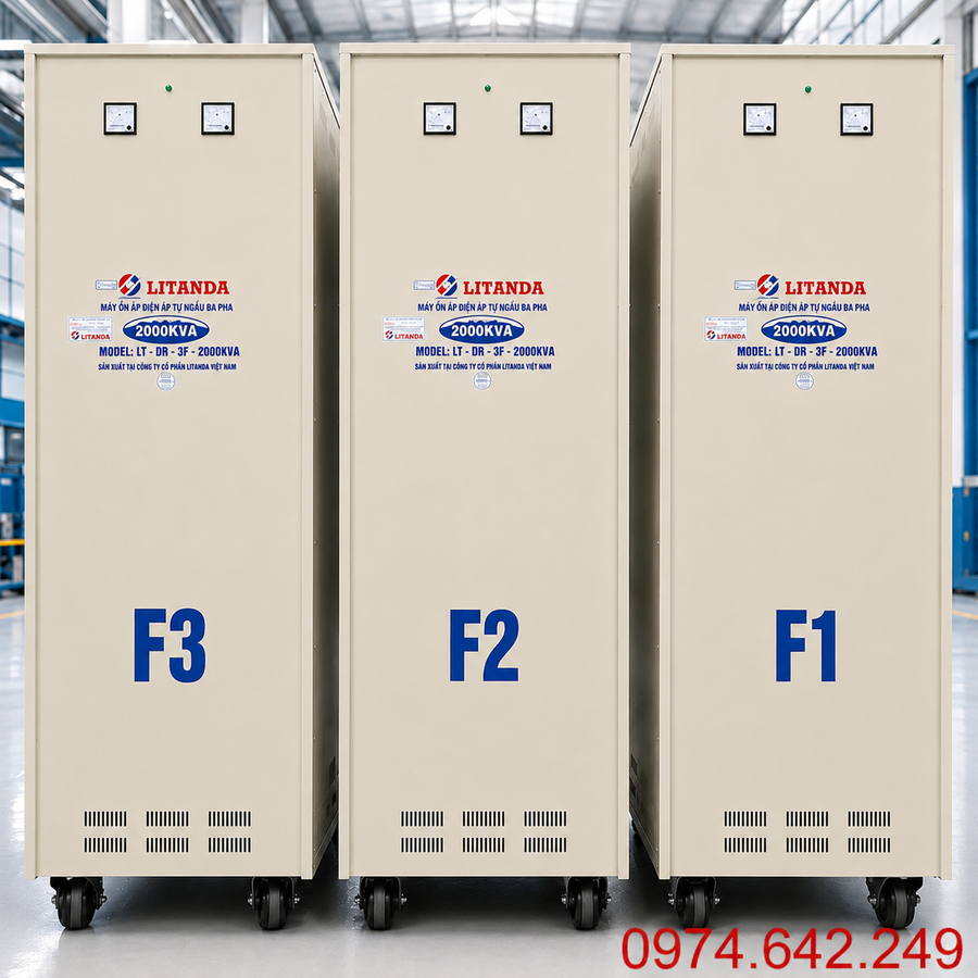 Ổn áp 2000KVA 3 pha dải 304V dùng cho lưới điện rất yếu, giúp ổn định nguồn điện liên tục và bảo vệ cho hệ thống thiết bị công nghiệp công suất rất lớn.