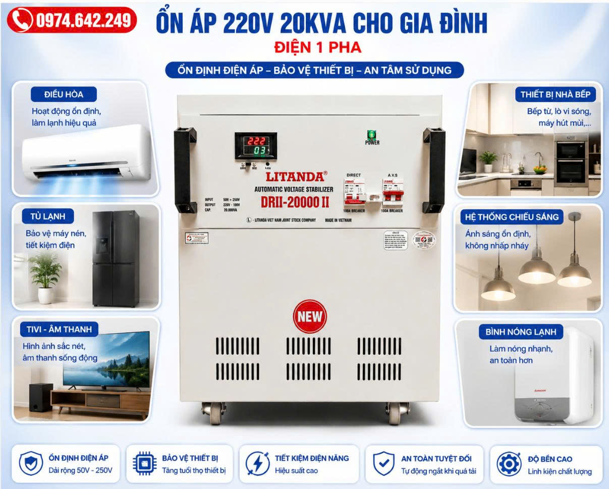 Ổn áp 220V 20KVA hướng tới những hệ thống điện 1 pha có tổng công suất tải tương đối lớn.
