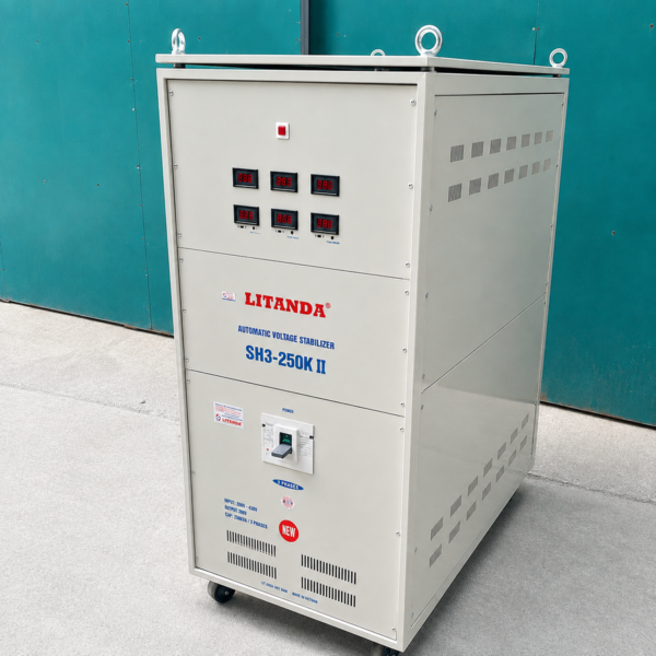 Ổn áp 250KVA 3 pha dải 260V dùng cho lưới điện yếu, giúp ổn định nguồn điện liên tục và bảo vệ an toàn cho hệ thống thiết bị công nghiệp công suất lớn.