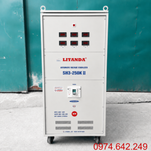 Ổn áp 250KVA 3 pha dải 260V dùng cho lưới điện yếu, giúp ổn định nguồn điện liên tục và bảo vệ an toàn cho hệ thống thiết bị công nghiệp công suất lớn.