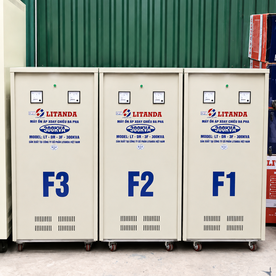 Ổn áp 300KVA 3 pha là nhóm thiết bị ổn định điện áp công suất lớn, phù hợp với nhà xưởng, dây chuyền sản xuất