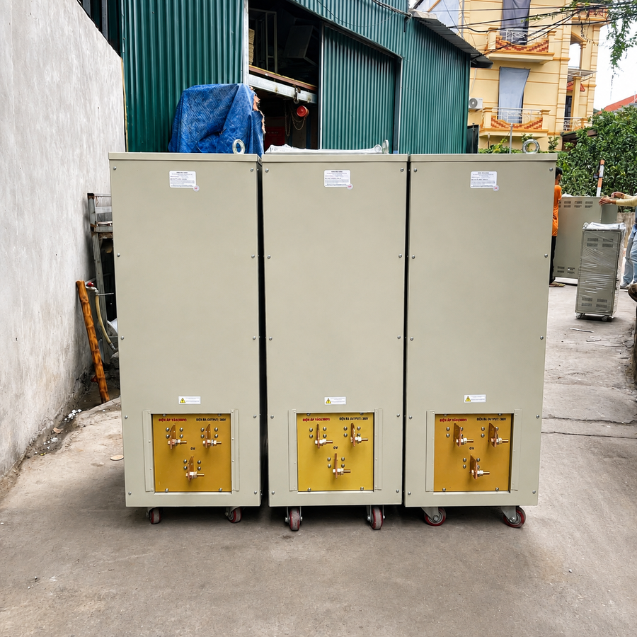 Ổn áp 400KVA 3 pha dải 260V dùng cho lưới điện yếu, giúp ổn định nguồn điện liên tục và bảo vệ an toàn cho hệ thống thiết bị công nghiệp công suất lớn.