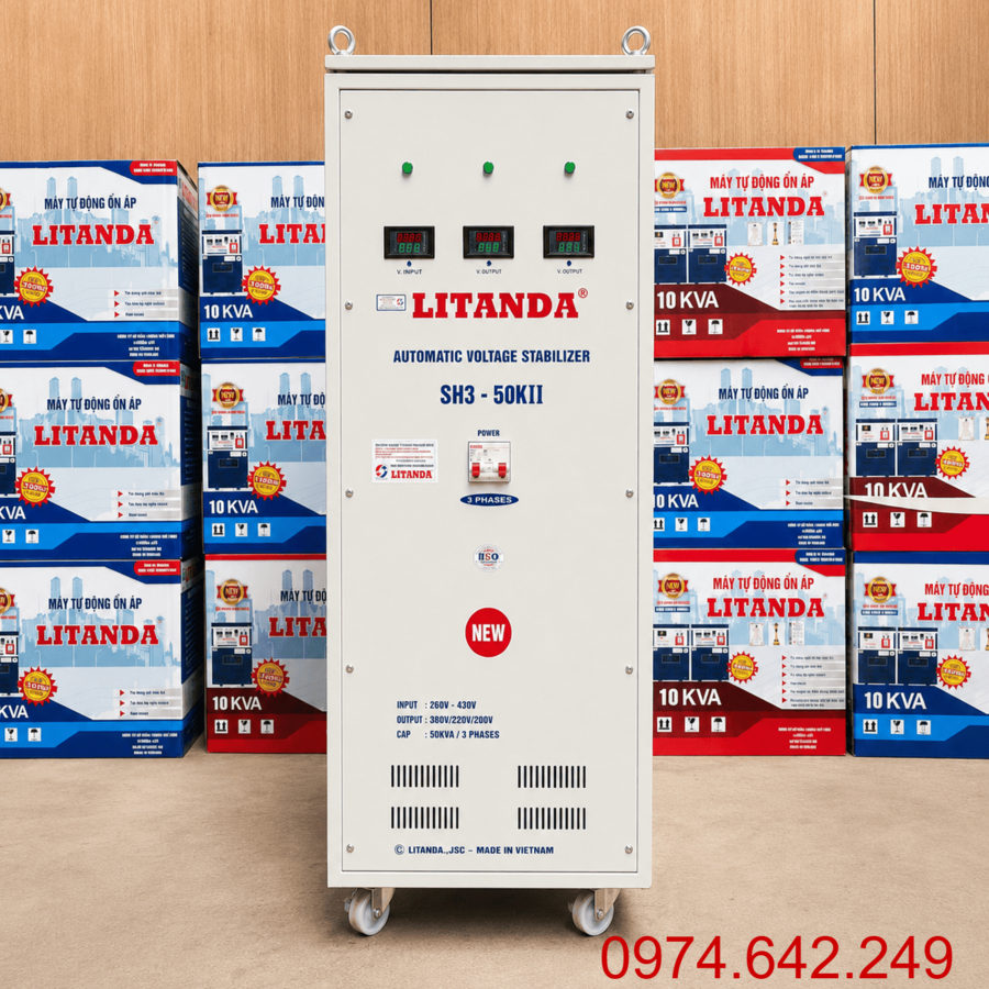 Ổn áp 3 pha 50KVA là nhóm thiết bị ổn định điện áp công suất 50.000VA, phù hợp với nhà xưởng