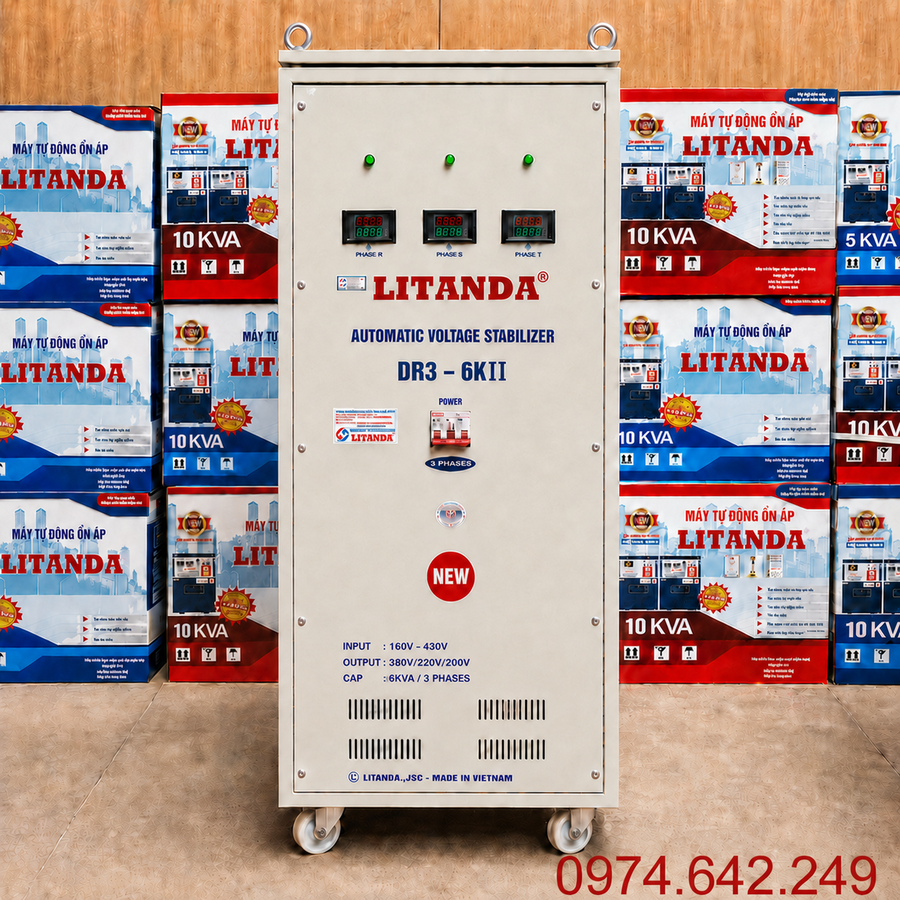 Ổn áp 6KVA 3 pha dải 160V dùng cho lưới điện không quá yếu, giúp ổn định nguồn điện liên tục và bảo vệ an toàn cho các thiết bị điện 3 pha công suất nhỏ.