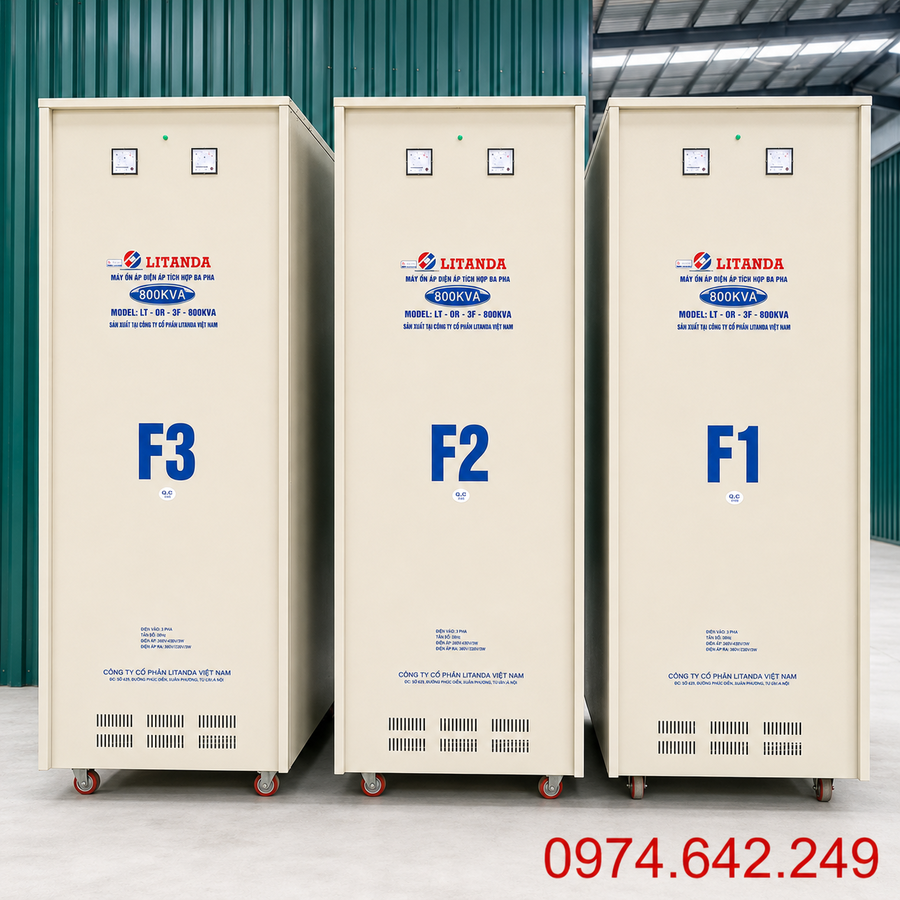 Ổn áp 800KVA 3 pha thuộc nhóm thiết bị ổn định điện áp công suất rất lớn, thường được sử dụng cho nhà máy