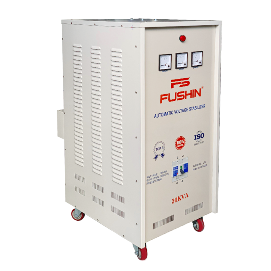 Ổn Áp Fushin 1 Pha 50KVA (FS1.II-50K) dải điện siêu rộng 50V-250V, chuyên xử lý vùng điện yếu và bảo vệ toàn diện cho biệt thự, nhà hàng, xưởng sản xuất.