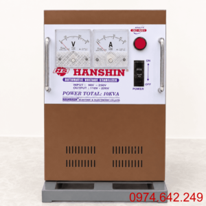 Ổn áp Hanshin 1 pha 10KVA dải 90V chuyên dùng cho khu vực điện yếu, giúp ổn định điện áp liên tục và bảo vệ an toàn cho các thiết bị điện trong gia đình.