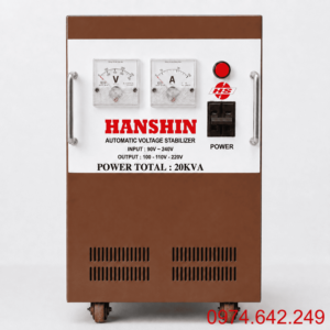 Ổn áp Hanshin 1 pha 20KVA dải 90V chuyên dùng cho khu vực điện yếu, giúp ổn định điện áp liên tục và bảo vệ an toàn cho các thiết bị điện trong gia đình.