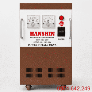 Ổn áp Hanshin 1 pha 25KVA dải 90V cho khu vực điện yếu, giúp ổn định điện áp liên tục và bảo vệ an toàn cho các thiết bị điện trong gia đình và văn phòng.
