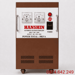 Ổn áp Hanshin 1 pha 50KVA dải 90V, giúp ổn định điện áp liên tục và bảo vệ an toàn cho các thiết bị điện trong gia đình, văn phòng hoặc xưởng sản xuất
