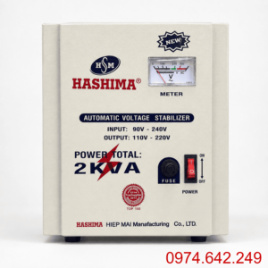 Ổn Áp Hashima 2KVA 1 Pha Dải 90V dùng cho khu vực điện yếu, giúp ổn định điện áp liên tục và bảo vệ các thiết bị điện có công suất nhỏ trong gia đình.