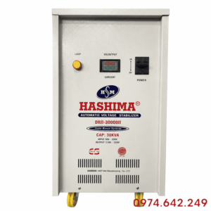 Ổn Áp Hashima 30KVA 1 Pha Dải 90V dùng cho khu vực điện yếu, giúp ổn định điện áp liên tục và bảo vệ các thiết bị điện trong gia đình hoặc văn phòng.
