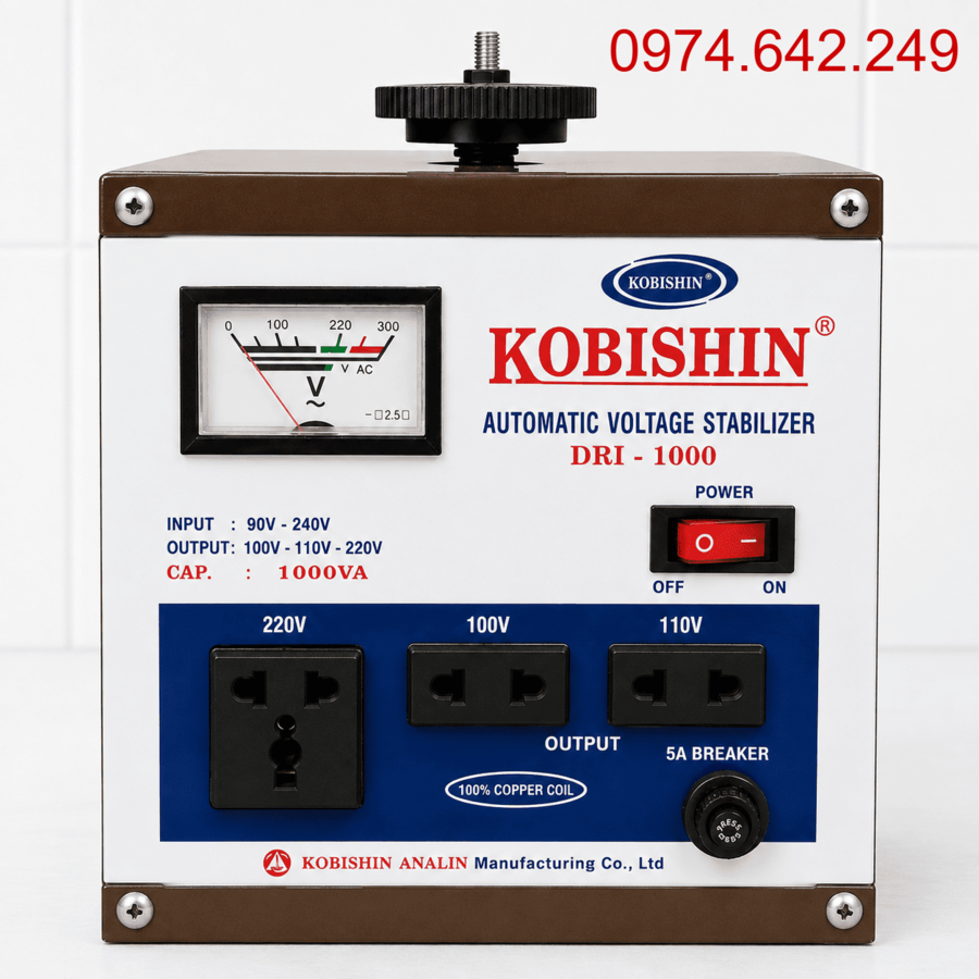 Ổn áp Kobishin 1KVA là danh mục dành cho các thiết bị điện 1 pha có tổng công suất nhỏ