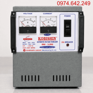 Ổn Áp Kobishin 3KVA 1 Pha Dải 90V cho khu vực điện yếu, ổn định điện và bảo vệ các thiết bị điện gia đình công suất vừa như tivi, tủ lạnh hoặc dàn âm thanh.