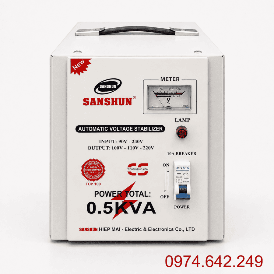 Ổn áp Sanshun 0.5KVA là danh mục dành cho các thiết bị điện tử công suất nhỏ cần duy trì nguồn điện đầu ra ổn định.