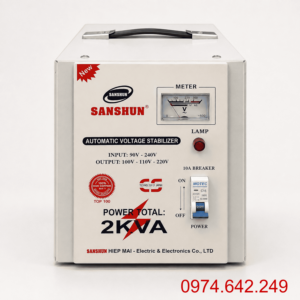 Ổn Áp Sanshun 2KVA 1 Pha Dải 90V chuyên dùng cho khu vực điện yếu, ổn định điện áp và bảo vệ thiết bị điện có công suất nhỏ trong gia đình.