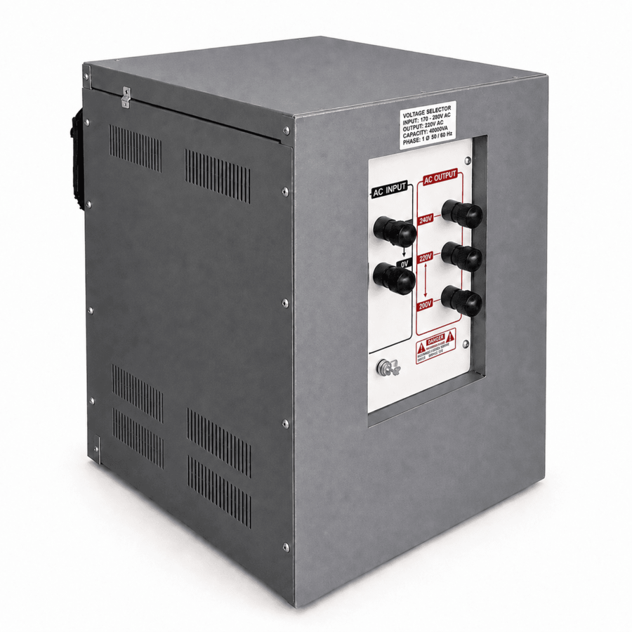 Ổn Áp Sanshun 40KVA 1 Pha Dải 90V dùng cho khu vực điện yếu, ổn định điện áp và bảo vệ thiết bị điện trong gia đình lớn, văn phòng hoặc xưởng sản xuất
