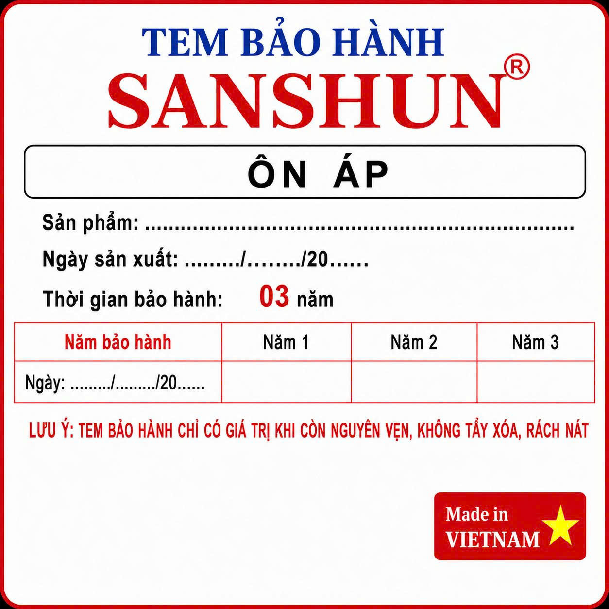 Tem Bảo Hành SANSHUN