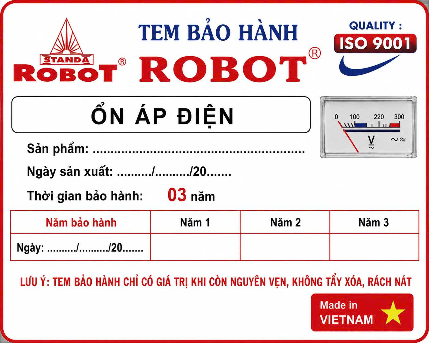 Tem Bảo Hành Ổn Áp Robot