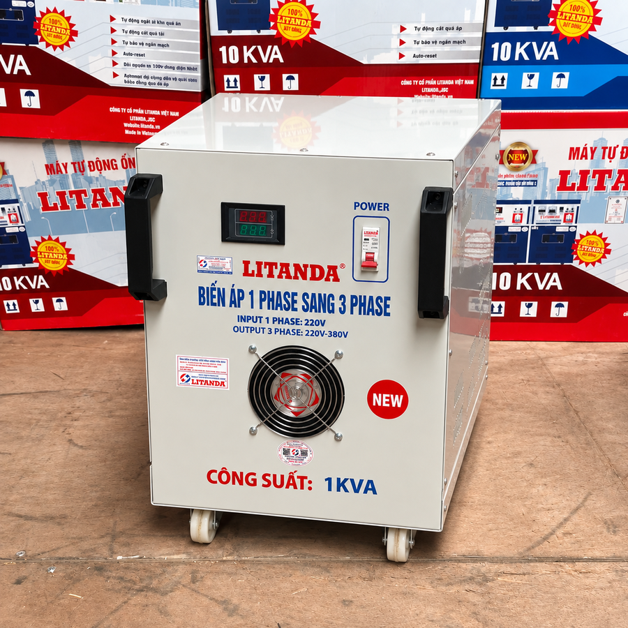Biến áp 1 pha ra 3 pha 1KVA chuyên dùng đổi nguồn điện từ 1 pha sang 3 pha, đáp ứng an toàn cho các thiết bị điện 3 pha công suất nhỏ yêu cầu chuẩn điện áp.