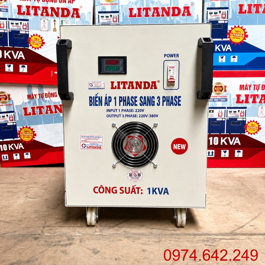 Biến áp 1 pha ra 3 pha 1KVA chuyên dùng đổi nguồn điện từ 1 pha sang 3 pha, đáp ứng an toàn cho các thiết bị điện 3 pha công suất nhỏ yêu cầu chuẩn điện áp.