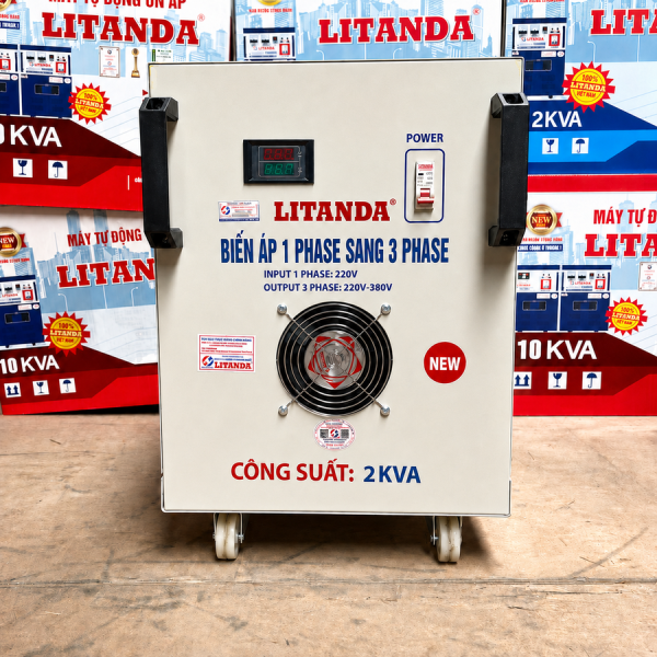 Biến áp 1 pha ra 2KVA chuyên dùng đổi nguồn điện từ 1 pha sang 3 pha, đáp ứng an toàn cho các thiết bị điện 3 pha công suất nhỏ yêu cầu chuẩn điện áp.