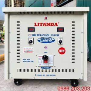 Biến áp cách ly LITANDA 250KVA 3 pha vào 380V ra 200V/220V, dây đồng 100%, Dyn11, dùng cho máy CNC, dây chuyền và thiết bị công nghiệp.