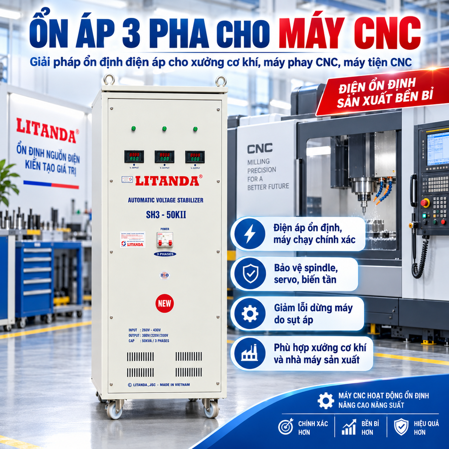 Ổn áp 3 pha cho máy CNC chuyên dùng cấp nguồn ổn định và bảo vệ các dây chuyền gia tốc, máy công nghiệp hiện đại khỏi sụt áp, chập chờn.